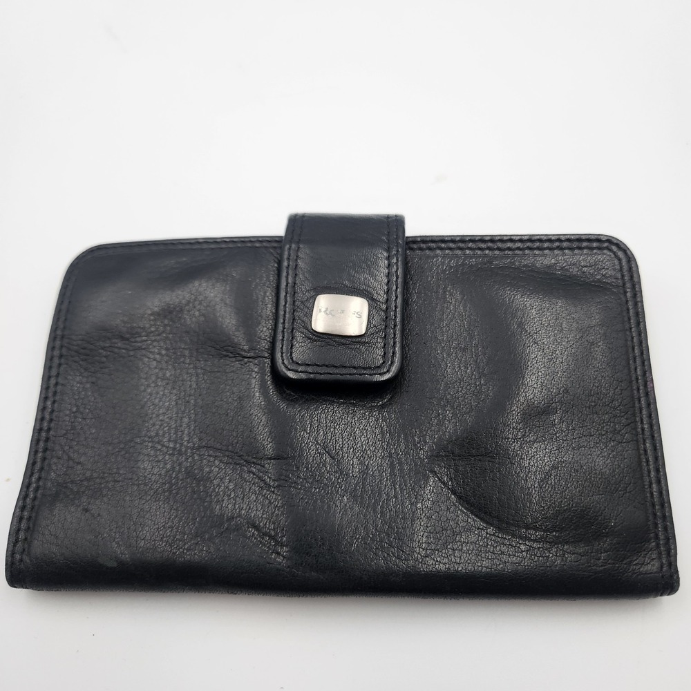 Rolfs Black Leather Tri Fold Wallet‎ ID Window Snap Closure Women's 6.5 x 3.75